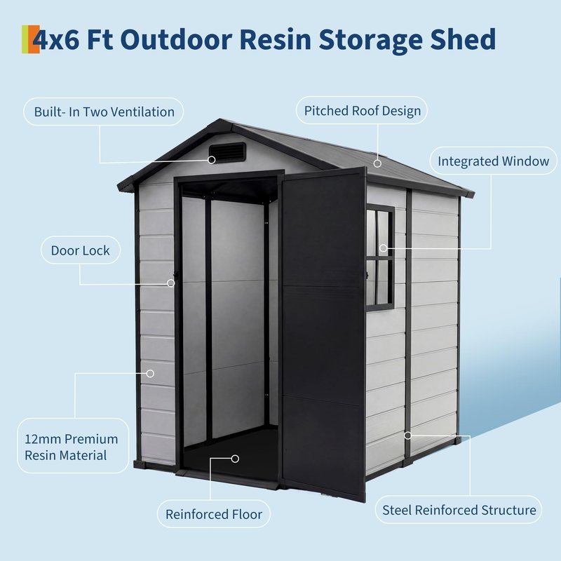 4x6 ft Outdoor Storage Shed with Floor, Plastic Resin Garden Shed with Window & Lockable Door, Tool Shed for Patio, Backyard, Lawn Mower, Bike Storage