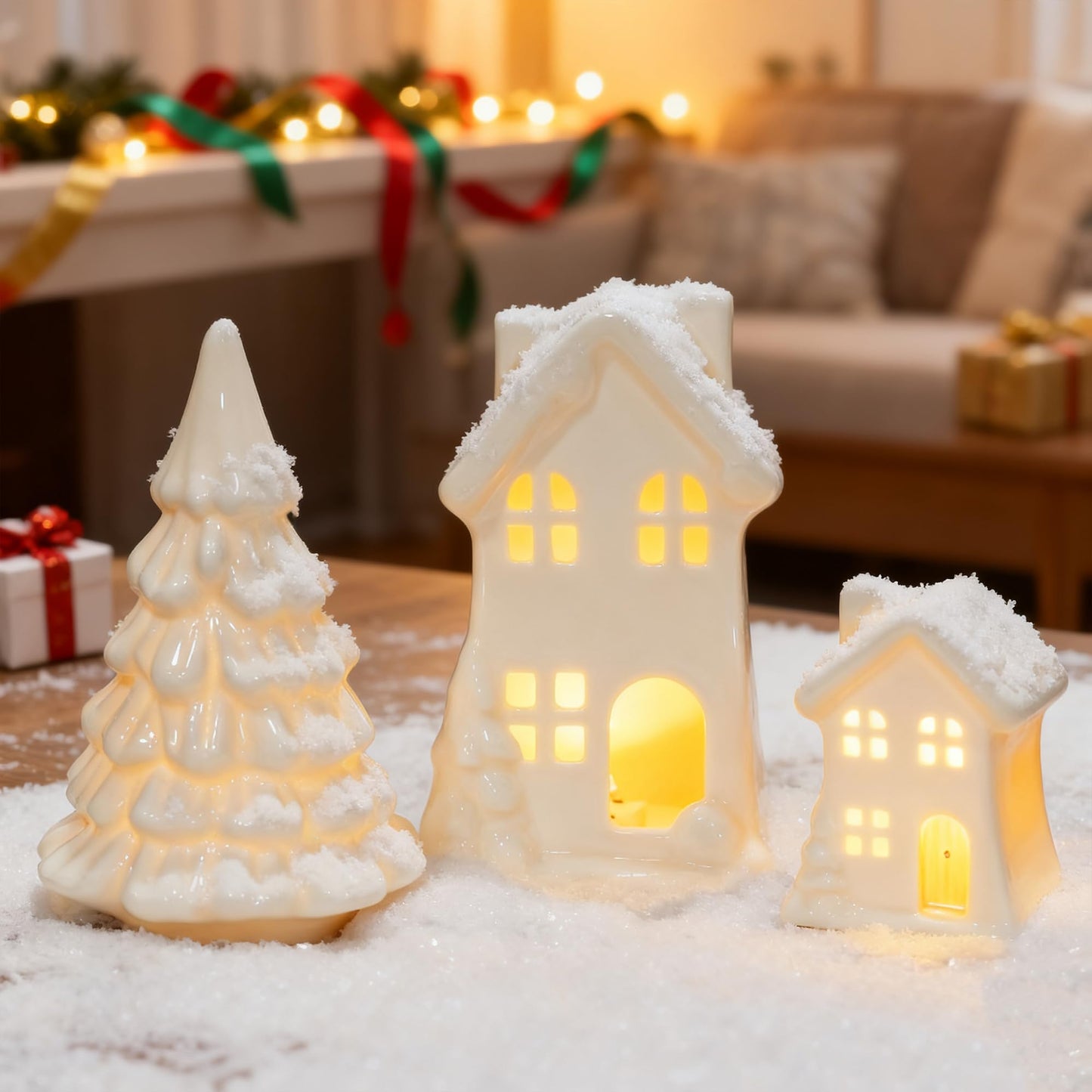 NEROSUN Ceramic Christmas Village Houses, 3Pcs LED Lighted Porcelain White Small House and Xmas Tree Tabletop Figurines, Light Up Christmas Decorations for Home Shelf Cabinet Table Winter Decor