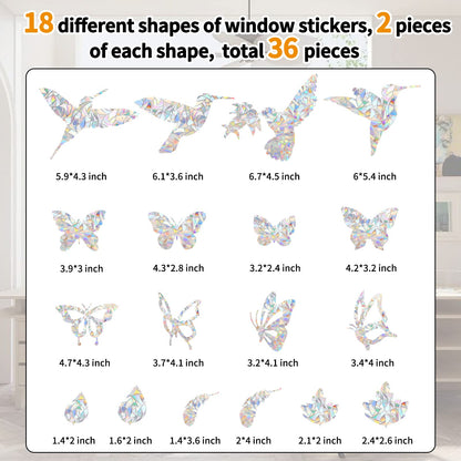 36 Pieces Window Decals for Bird Strikes, Window Clings Prevent Birds from Hitting Windows Suncatcher Stickers（Bird, Butterfly, Feather, Leaf
