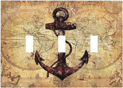 Anchor Nautical Vintage Map 3 Gang Light Switch Covers Triple Toggle Wall Plate Decorative Switchplate Electrical Faceplate for Office Livingroom Home Decor