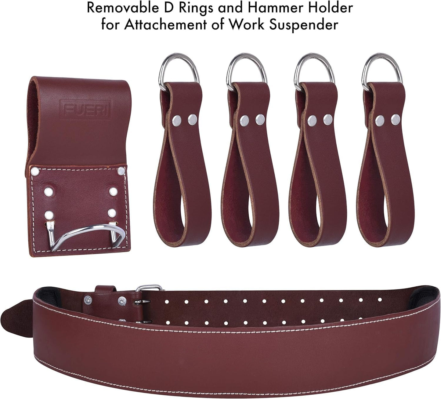 FUERI Leather Tool Belt 17 Pocket Pouches Bags Men Suspenders Holder Organizer for Carpenter Construction Electrician - Maroon