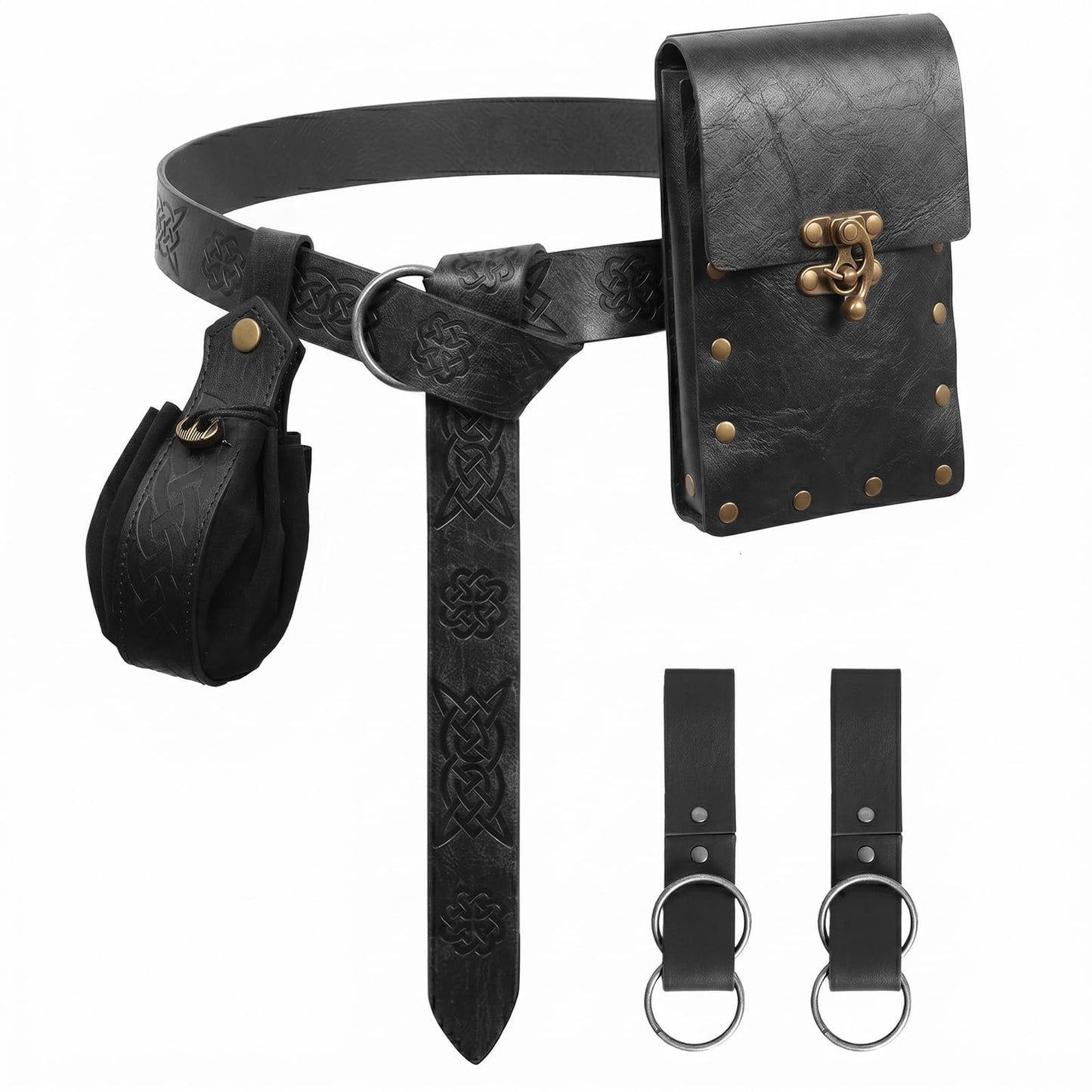 Renaissance Medieval Belt Pouch Set - Medieval Accessories with Pirate Belt Waist Bag Purse for Halloween & Cosplay (Black-A)