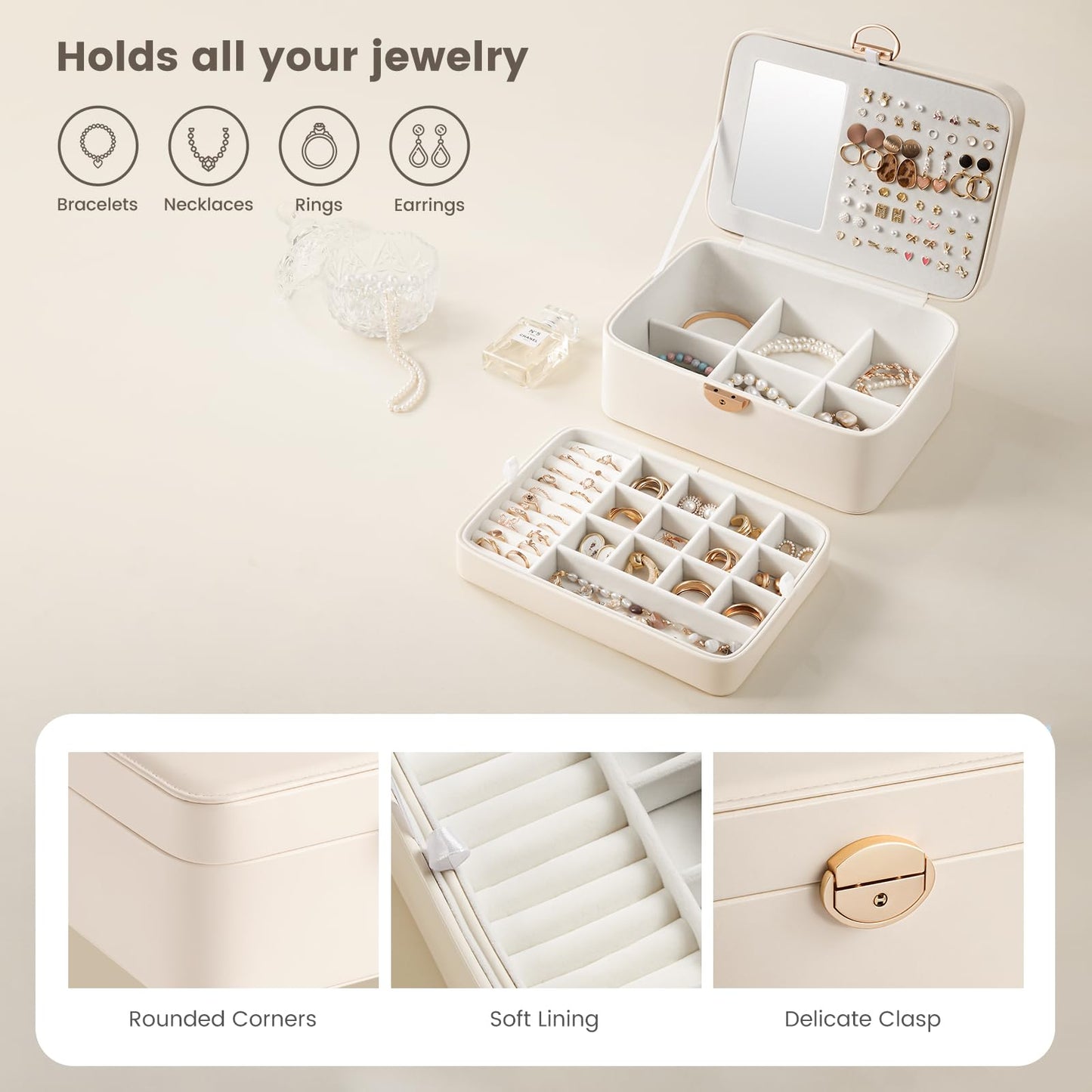 Lolalet 2 Layer Jewelry Box with Lock and Key for Teen Girls & Young Women, Jewelry Organizer Case with Round Clasp and Mirror for Earrings Rings Necklaces Storage, Gift Idea -Cloud White
