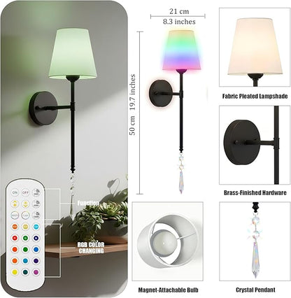 Battery Operated Wall Sconces Set of Two, Rechargeable Wall Sconce Wireless Battery Wall Lamp with 15 Colors RGBCW Dimmable Magnetic Bulbs & Remote for Bedroom Living Room Hallway Decor Black
