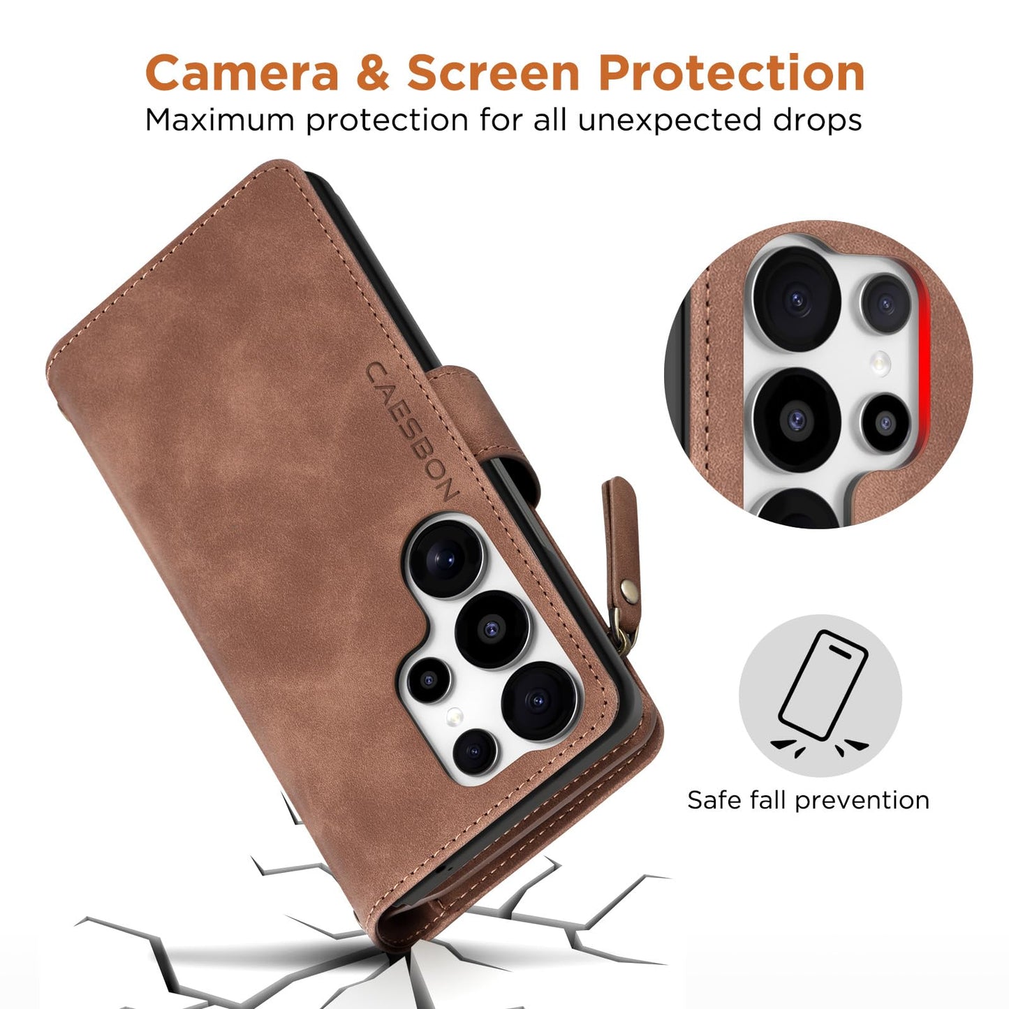 CAESBON for Samsung Galaxy S26-Ultra-Wallet Case: with RFID Blocking Card Slots (6 Cards) | Soft PU Leather Magnetic Snap Zipper Pocket | Crossbody Wrist Strap Protective Phone Cover - Brown