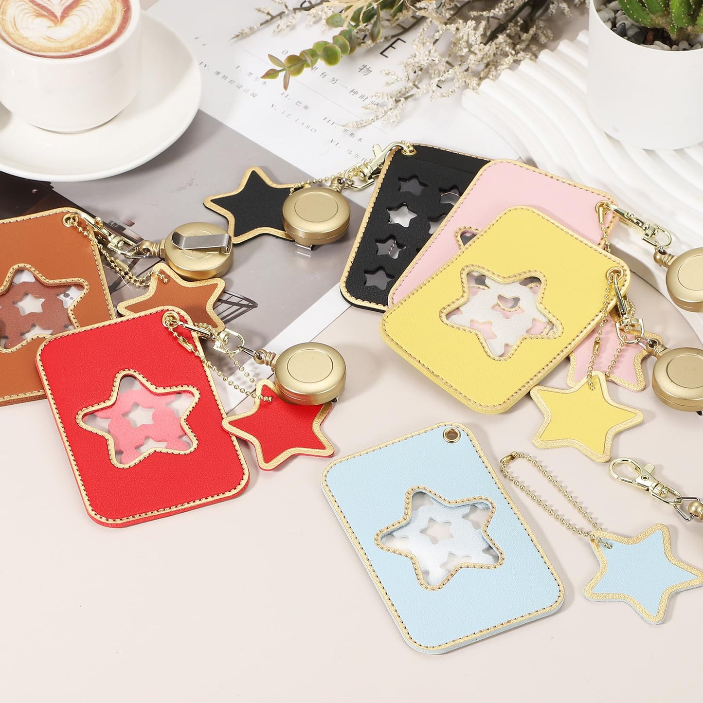 PATIKIL Retractable Badge Holders, 2 Pcs Cute Leather ID Holder with Badge Reels Keychain ID Card Clip Protector Cover for Women Work Office Business Trip, Pink/Light Blue