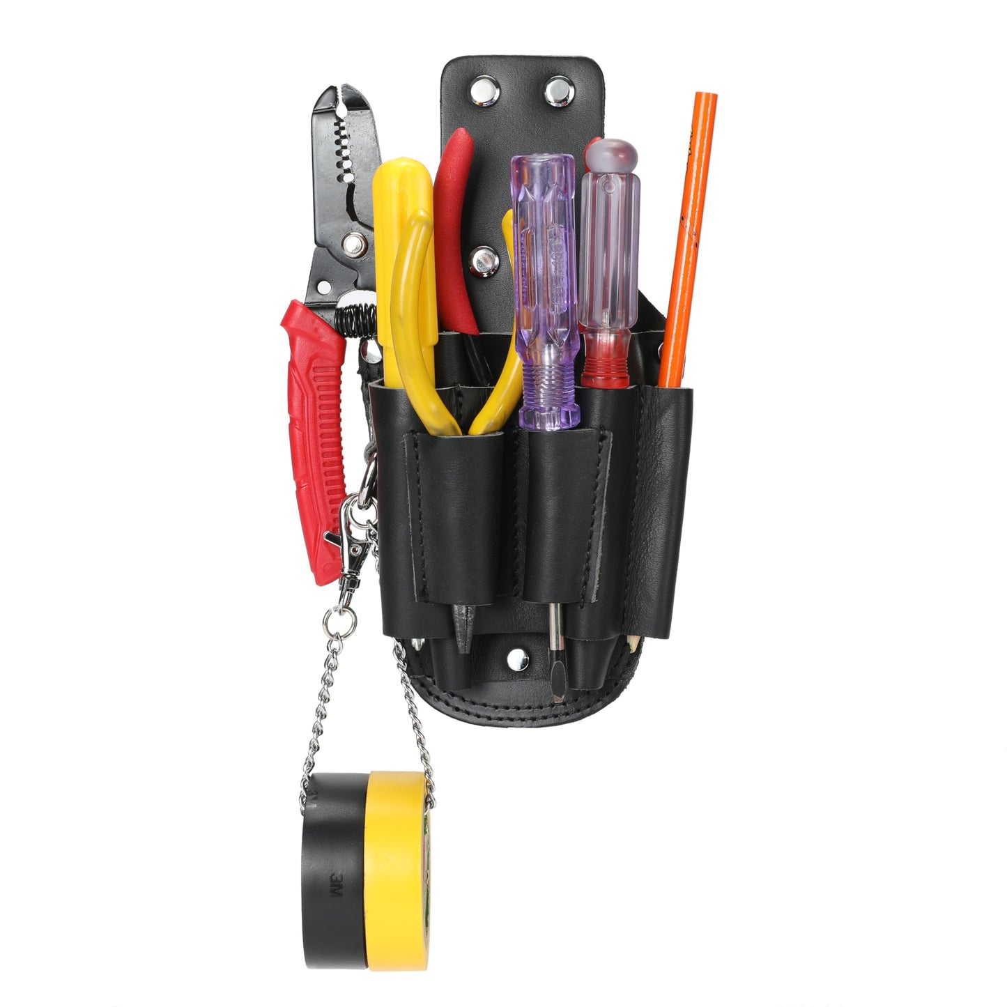 Small Tool Pouch, Genuine Leather Electrician Tool Pouch | 7 Pockets with Metal Tape Chain, Reinforced Rivets, Convenient & Quick Tool Access