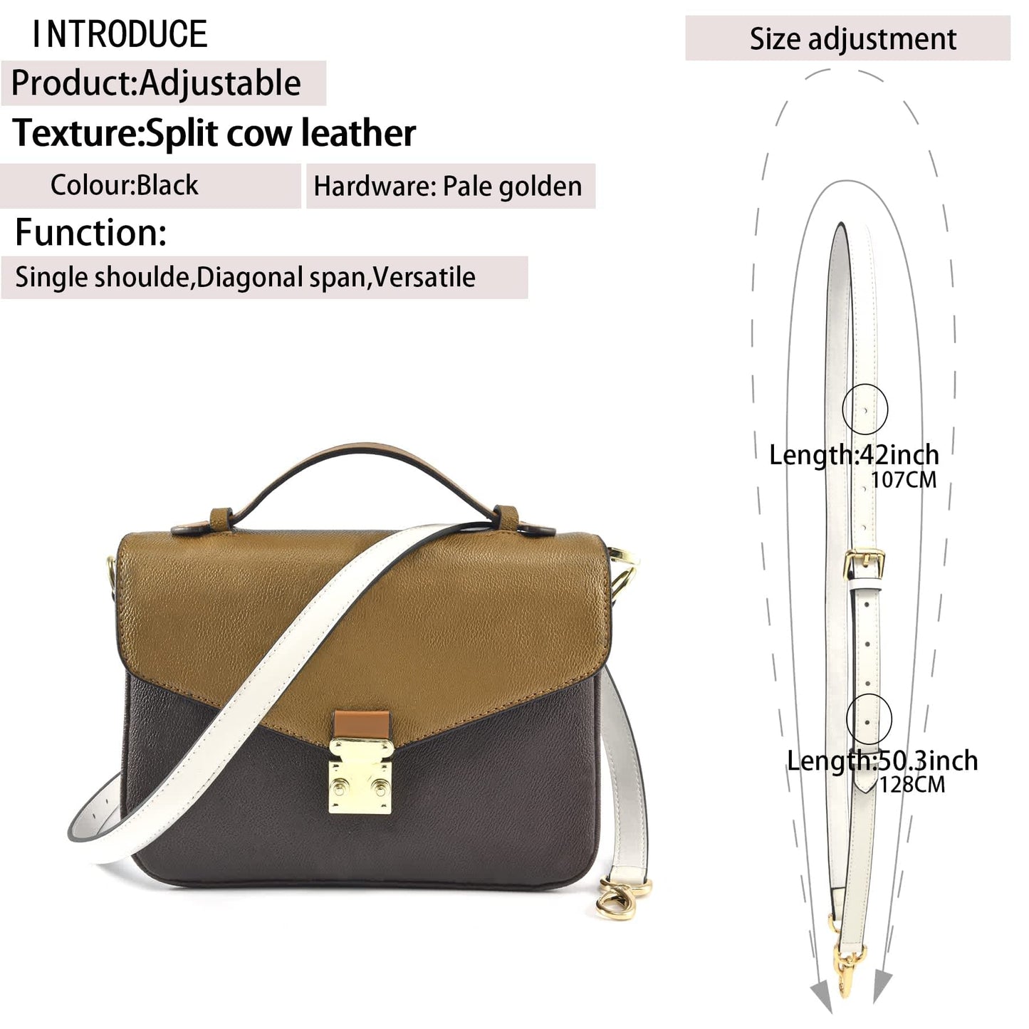 GOXTECH GOXTECHGenuine Leather Purse Strap Replacement Crossbody Handbag Long Adjustable（White-shoulder strap