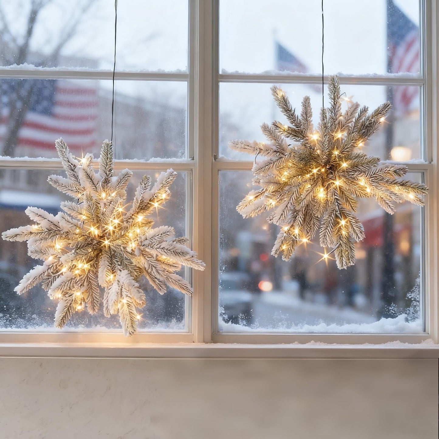 Hairui Snow Dusted Pine Snowflake Lights with Timer Battery Operated and USB Plug in 60 LED Fairy Lights 16IN for Window Christmas Decoration