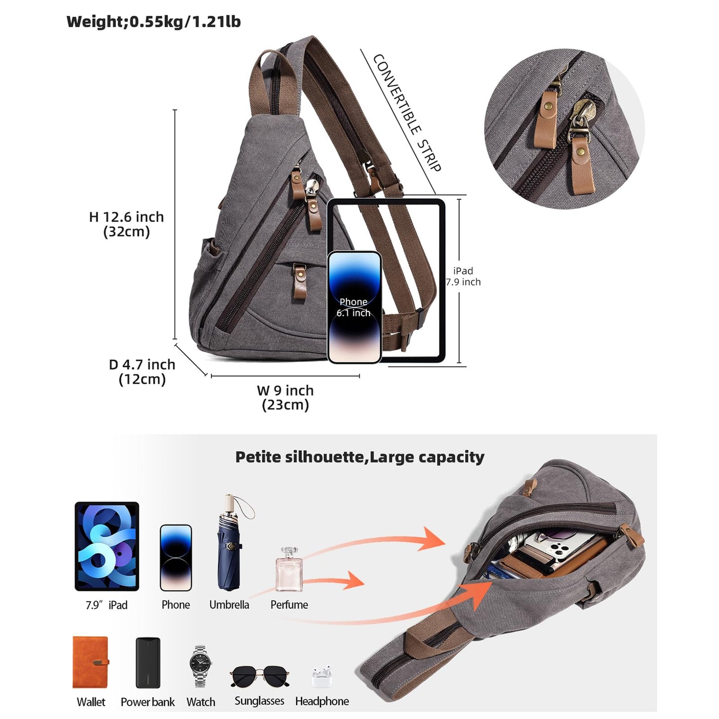 KL928 Canvas Sling Bag - Small Crossbody Backpack Shoulder Casual Daypack Rucksack for Men Women(Small Version, Dark Grey)