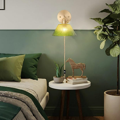 Plug in Wall Sconces Set of 2, Vintage Wall Sconce Light with Gradient Green Glass Lampshade, 180° Adjustable Wall Sconce with Switch and Plug in Wall lamp Cord, Gold Wall Light Wall Decor Set of 2