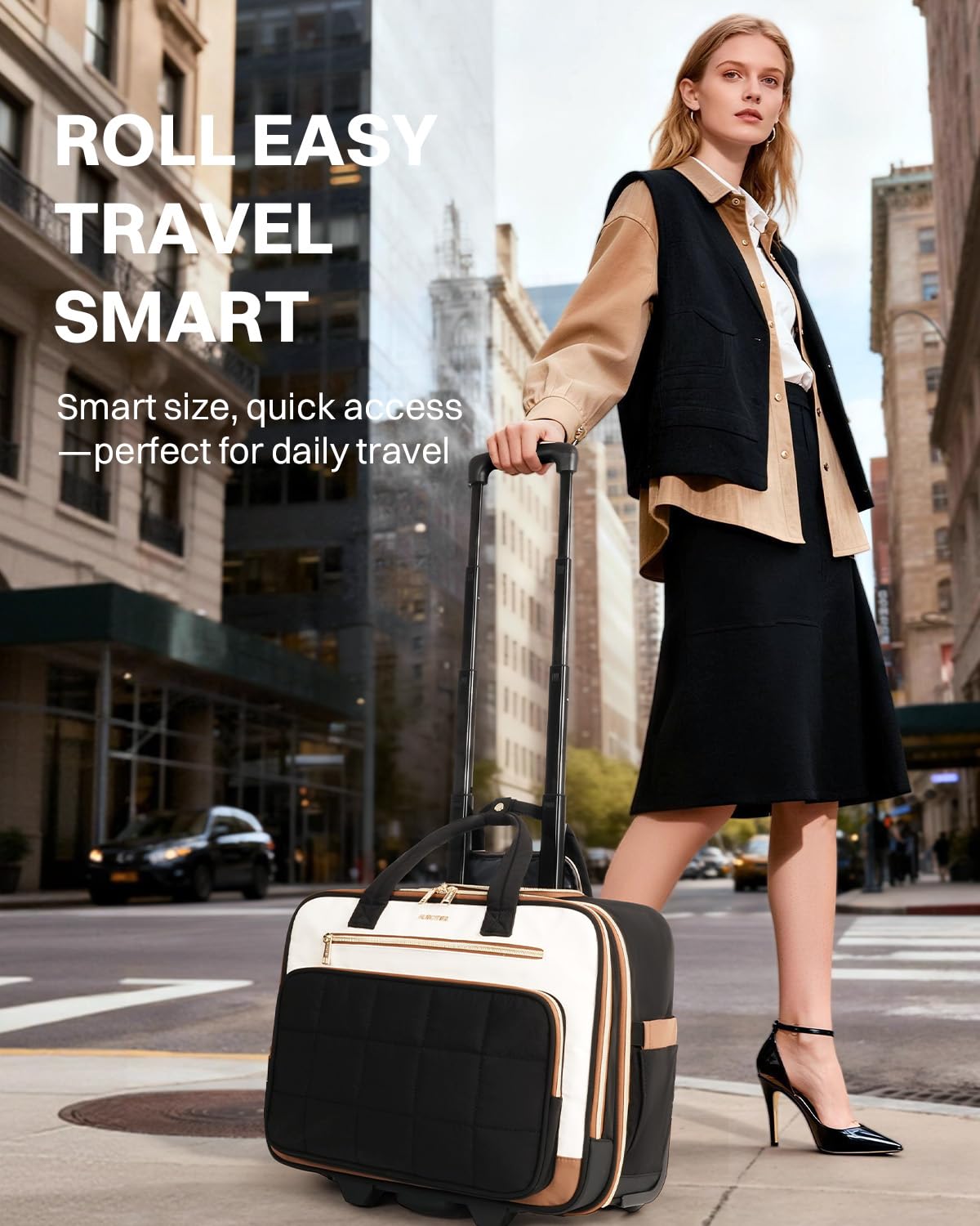 Rolling Puffer Laptop Bag, Rolling Briefcase for Women, Wheeled 16 Inch Computer Bag, Water Resistant Stylish Overnight Underseat Carry On Luggage with Wheels for Work Travel Business, Beige Brown