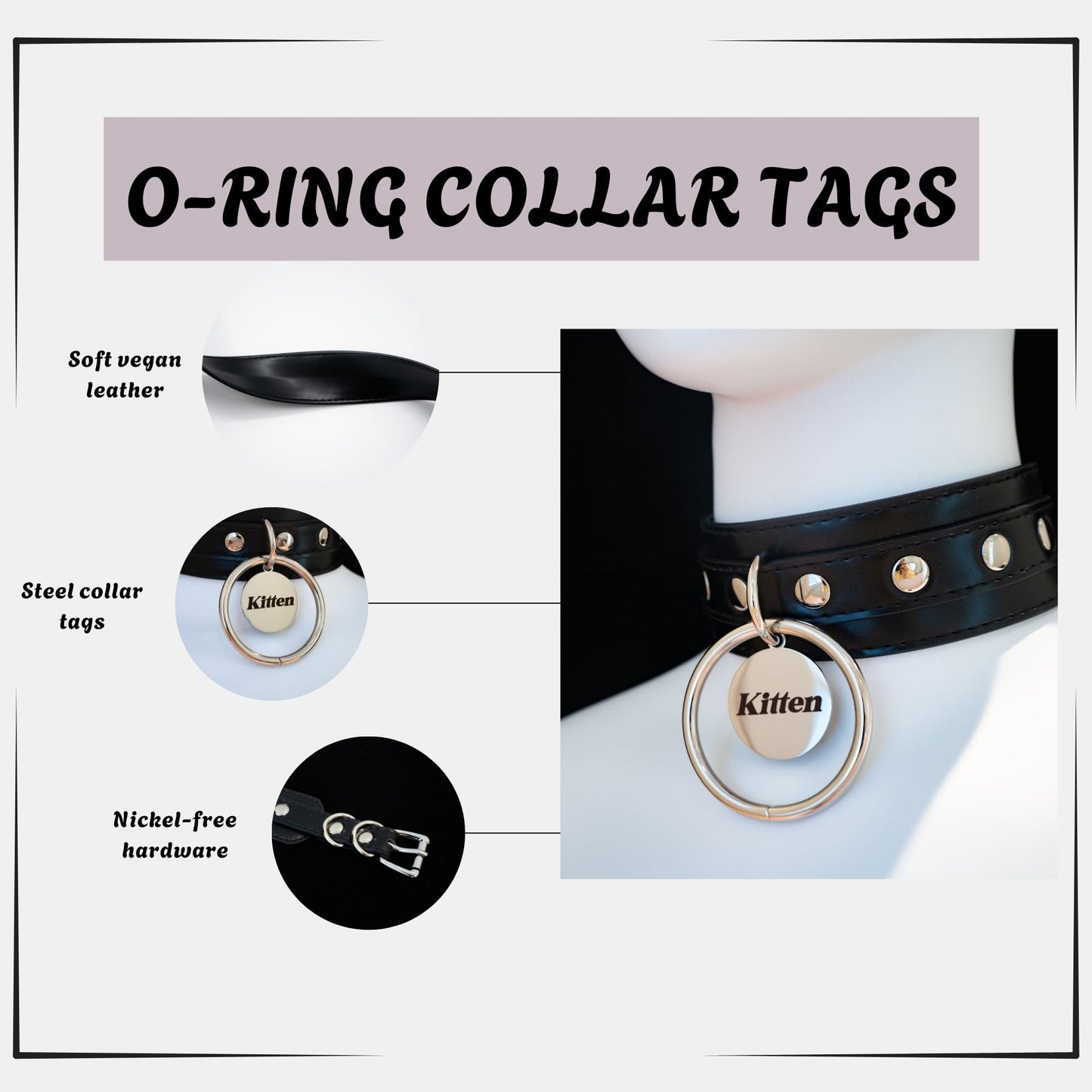 ADEMISHIA Black O-ring Leather Choker Collar for Women, Gothic Punk Style Adjustable Choker Necklace with Rivets and Engraved Letters Steel Tag