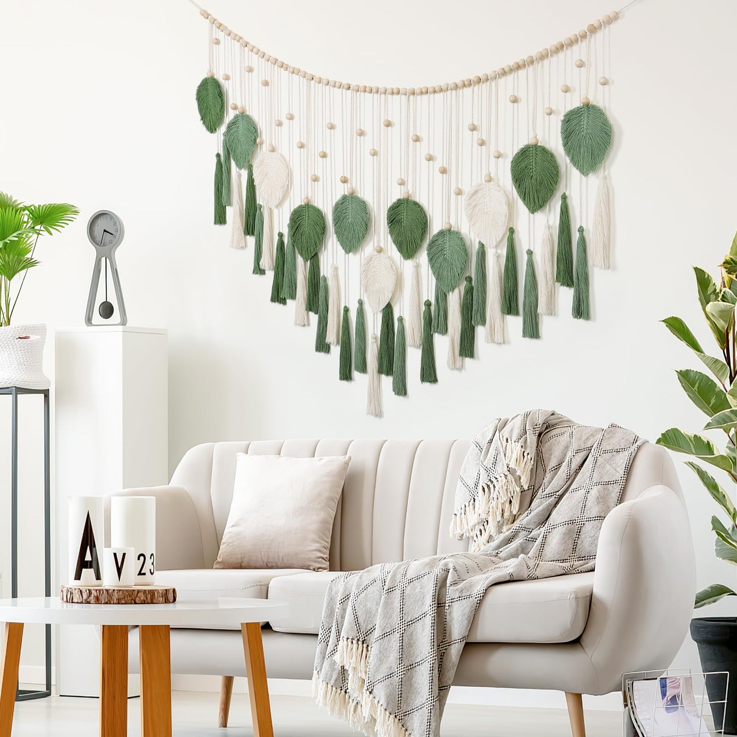 Betylifoy Large Macrame Wall Hanging Boho Handmade Woven Tapestry with Wood Beads Beige Green Chic Leaf Feather Boho Wall Art Decor Macrame Tapestry Wall Decor for Bedroom Living Room Nursery Apartment 51.2"W X 31.5"L