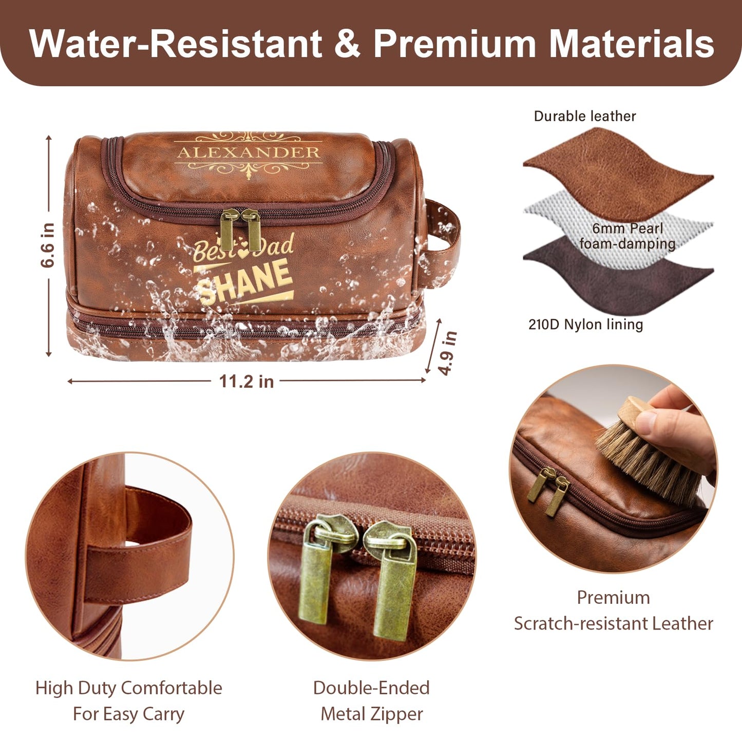 Personalized Toiletry Bag for Men, Engraved Name & Text, Father's Day Birthday Gifts for Men, Dad, Leather Men's Toiletry Bag for Traveling, Customized Birthday Gifts for Husband, Grandpa, Lover
