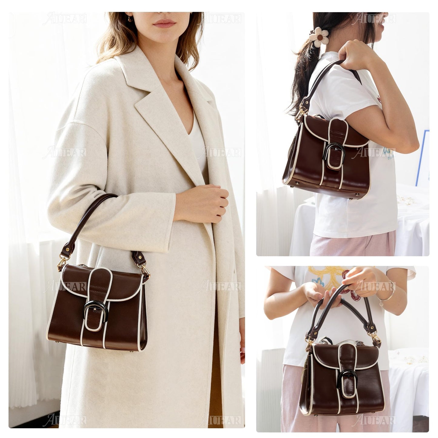 AUEAR, 2 Pack Purse Straps Replacement Leather Handbag Handles Dark Brown with Gold Metal Lobster Buckles