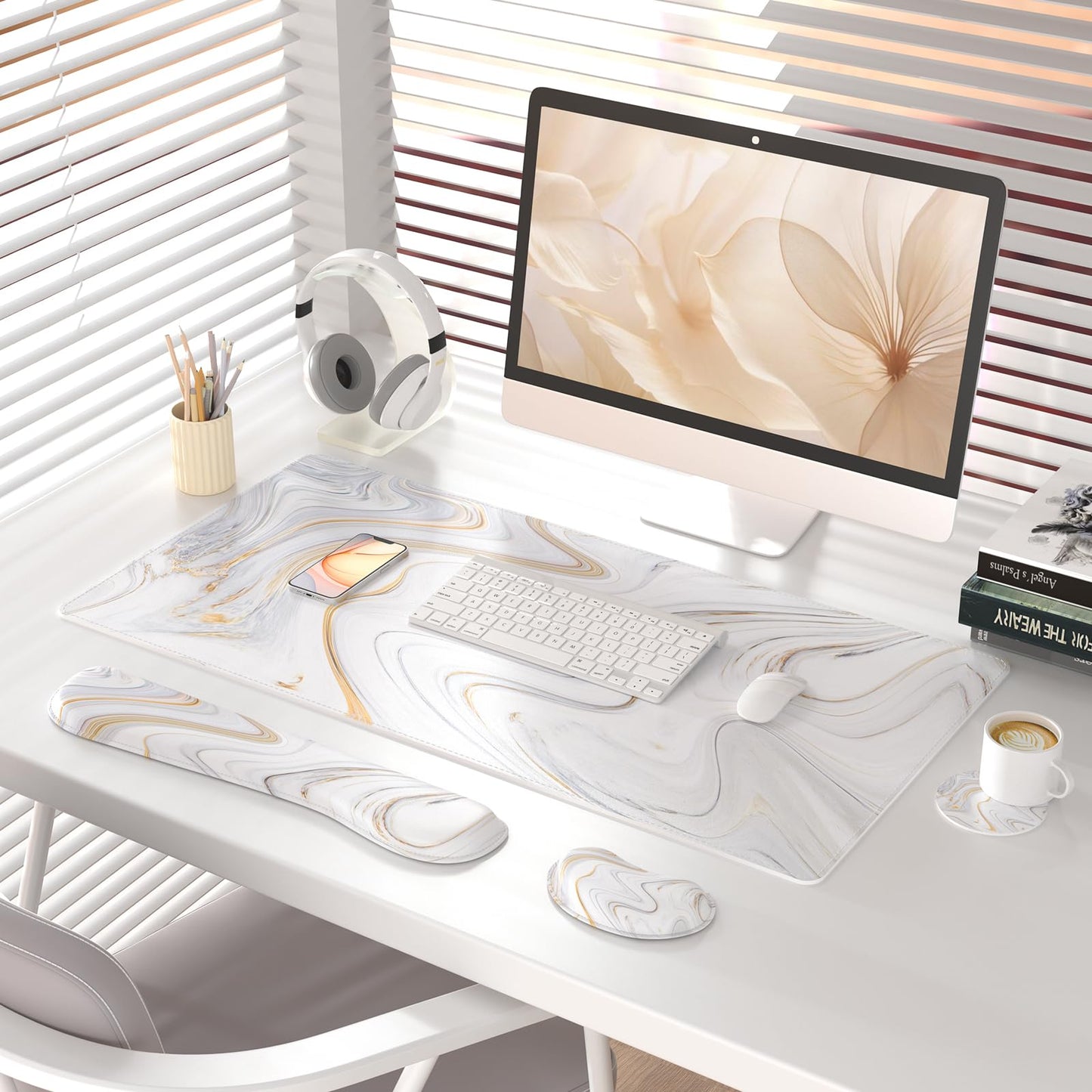 QiyI Leather Desk Mat Set, 4-in-1 Large Mouse Pad with Wrist Rest, Non-Slip Desk Pad + Keyboard Wrist Rest + Mouse Wrist Support + Coaster, Office Desk Accessories Home Decor Supplies, Marble Stripes