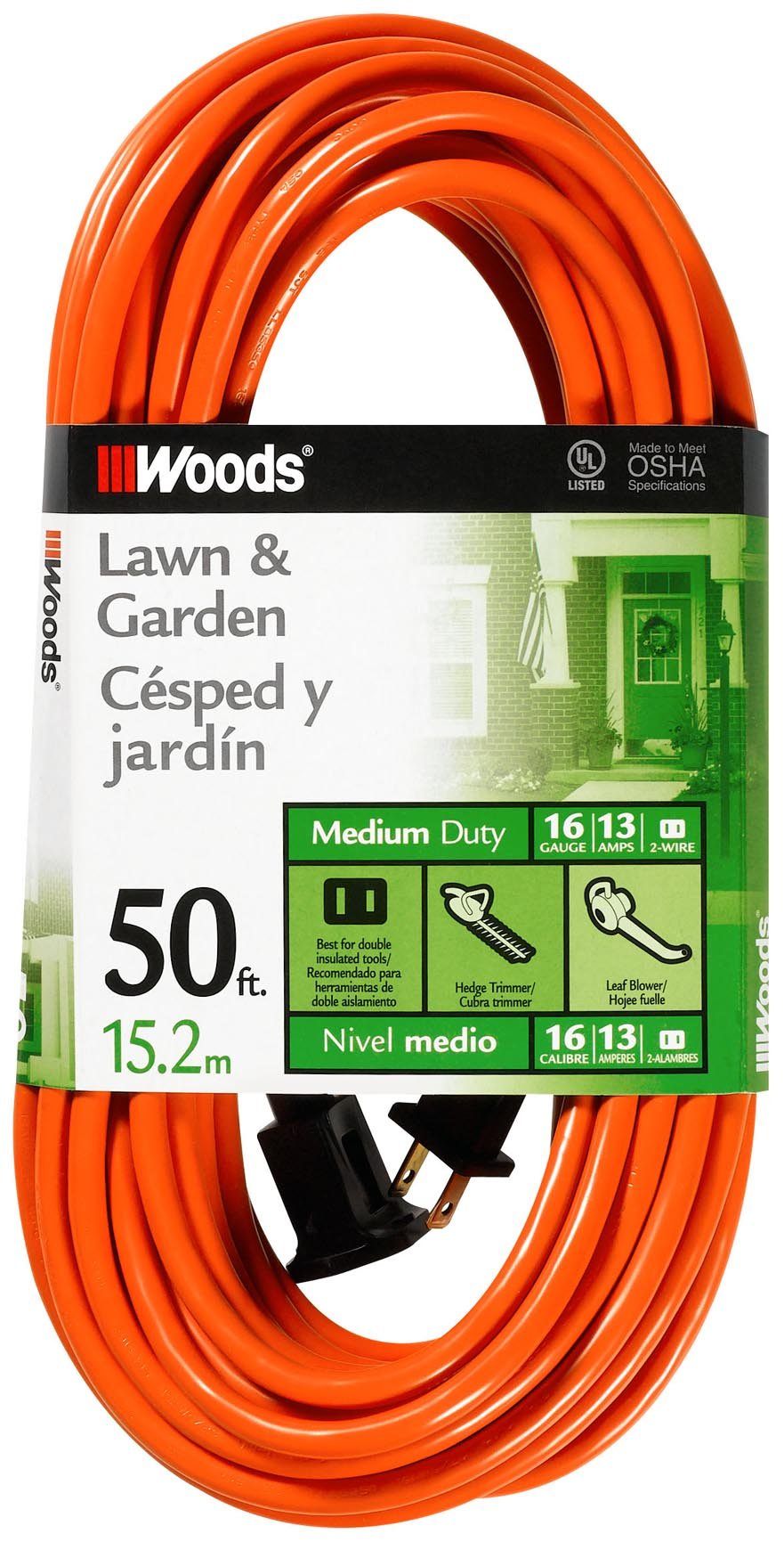 Southwire Woods 50ft Outdoor Extension Cord – Bright Orange, 16/2 Two-Prong – Durable SJTW Jacket for Landscaping & Light-Duty Power – Molded Plug
