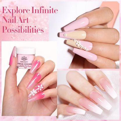 BORN PRETTY Acrylic Nail Kit - Acrylic Powder (Clear, White, Pink) & Liquid Set with Nail Forms, Brush Pen, File & Glass Container - Beginner Friendly