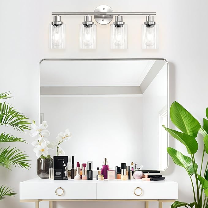 4-Light Nickel Bathroom Light Fixtures, E26 Modern Vanity Lights for Bathroom with Clear Glass Shade, Wall Lamps for Mirror Hallway Kitchen Cabinet Living Room Sconces Lights