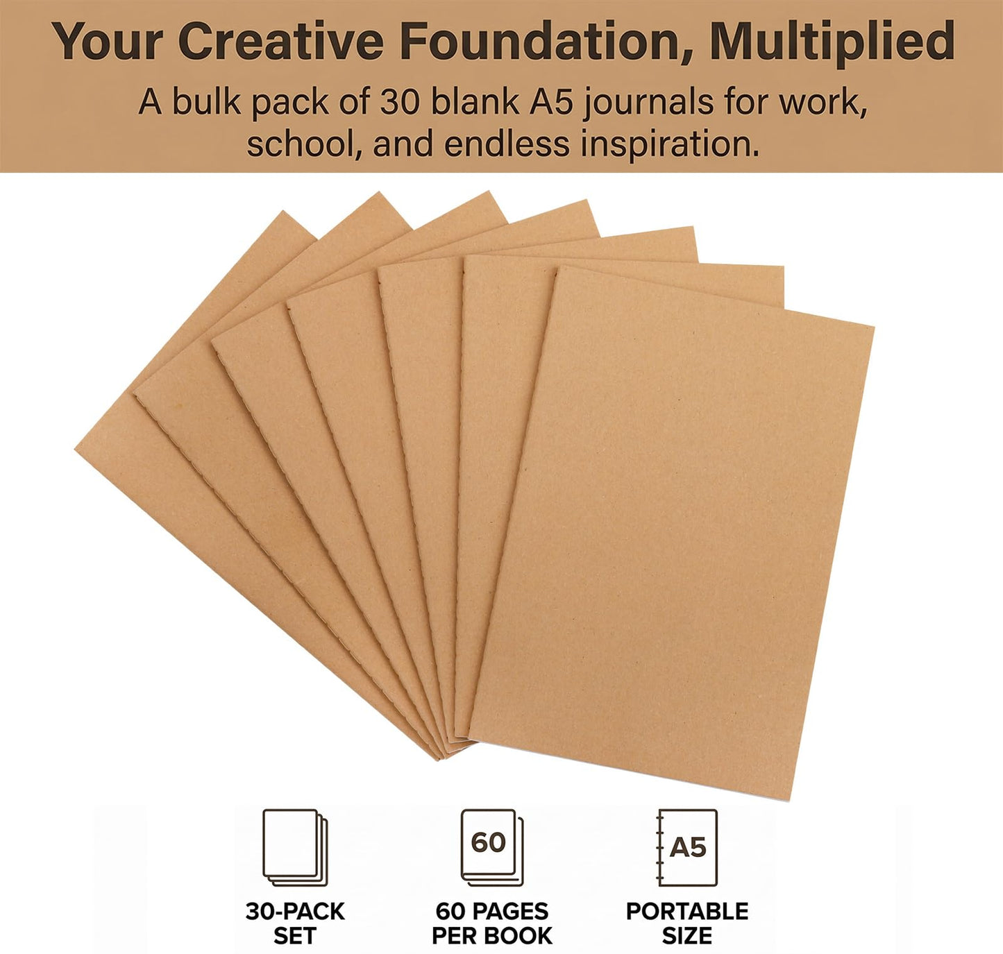 Nicunom 30 Pack A5 Kraft Notebooks, Bulk Blank Journals for Kids, Travel Journal Unlined Sketchbooks Memo Diary Planner for Office Classroom Supplies, 60 Pages, 8.3x5.5 inch