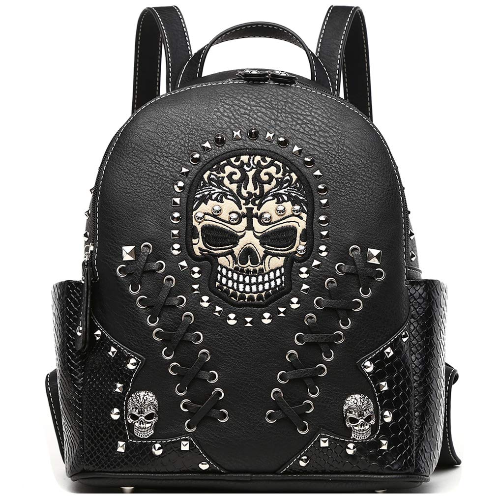 Cowgirl Trendy Sugar Skull Punk Art Rivet Stud Biker Purse Women Fashion Backpack Python Daypack Shoulder Bag Wallet Set (Black Set)