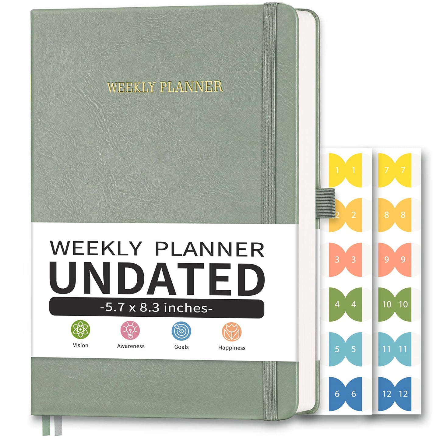 LOAPEM Undated Appointment Book, Hourly, Daily, 52 Weekly & 12 Monthly Planner, 6 AM - 8 PM, Medium Size (5.7" x 8.3"), Leather Hardcover, 12 Self-adhesive Monthly Tabs (Light Green)