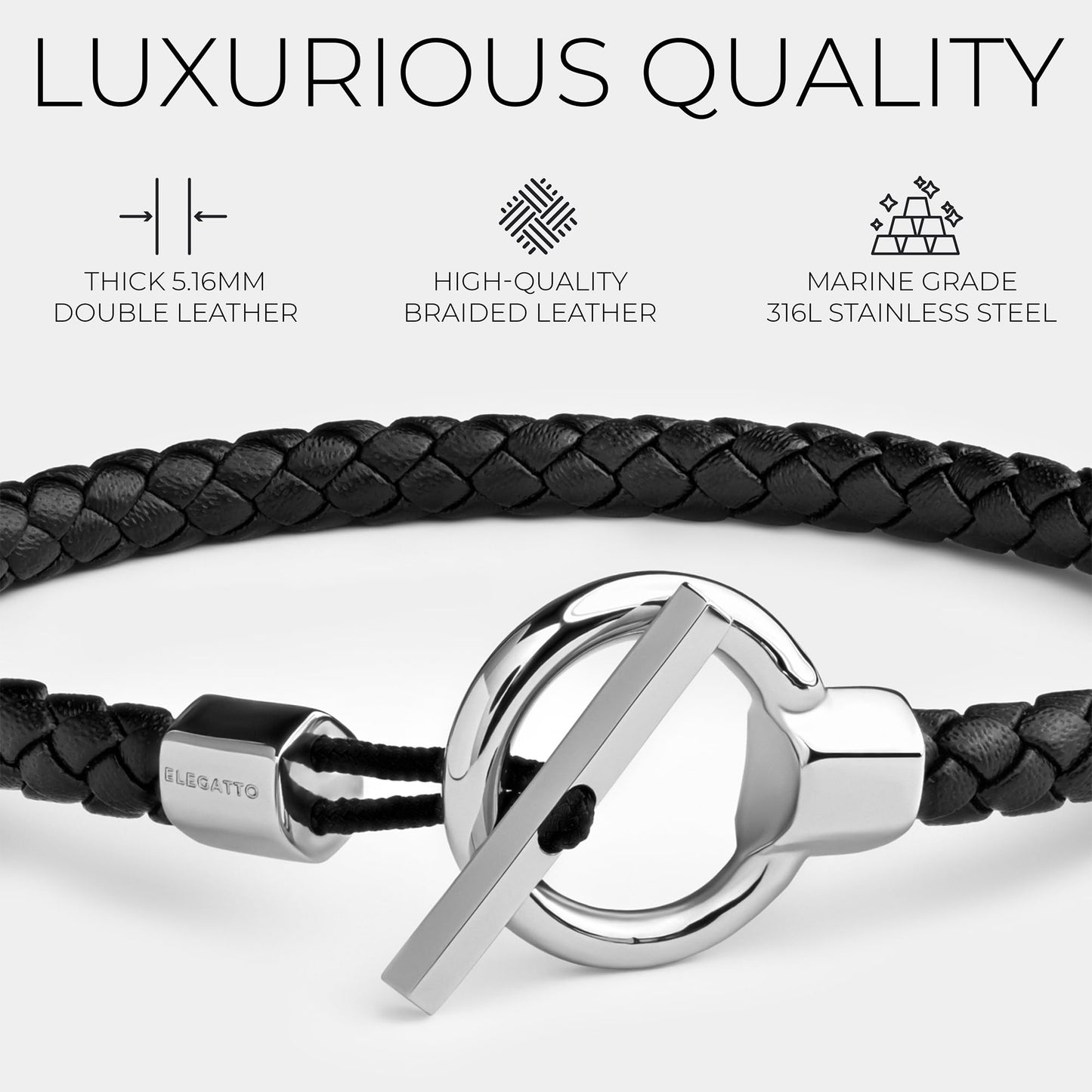 Elegatto Helm Premium Braided Leather Bracelet for Men | Full-Grain Braided Leather with Sterling Silver Polished Stainless Steel Toggle Clasp Closure | Men’s Designer Bracelets | Medium