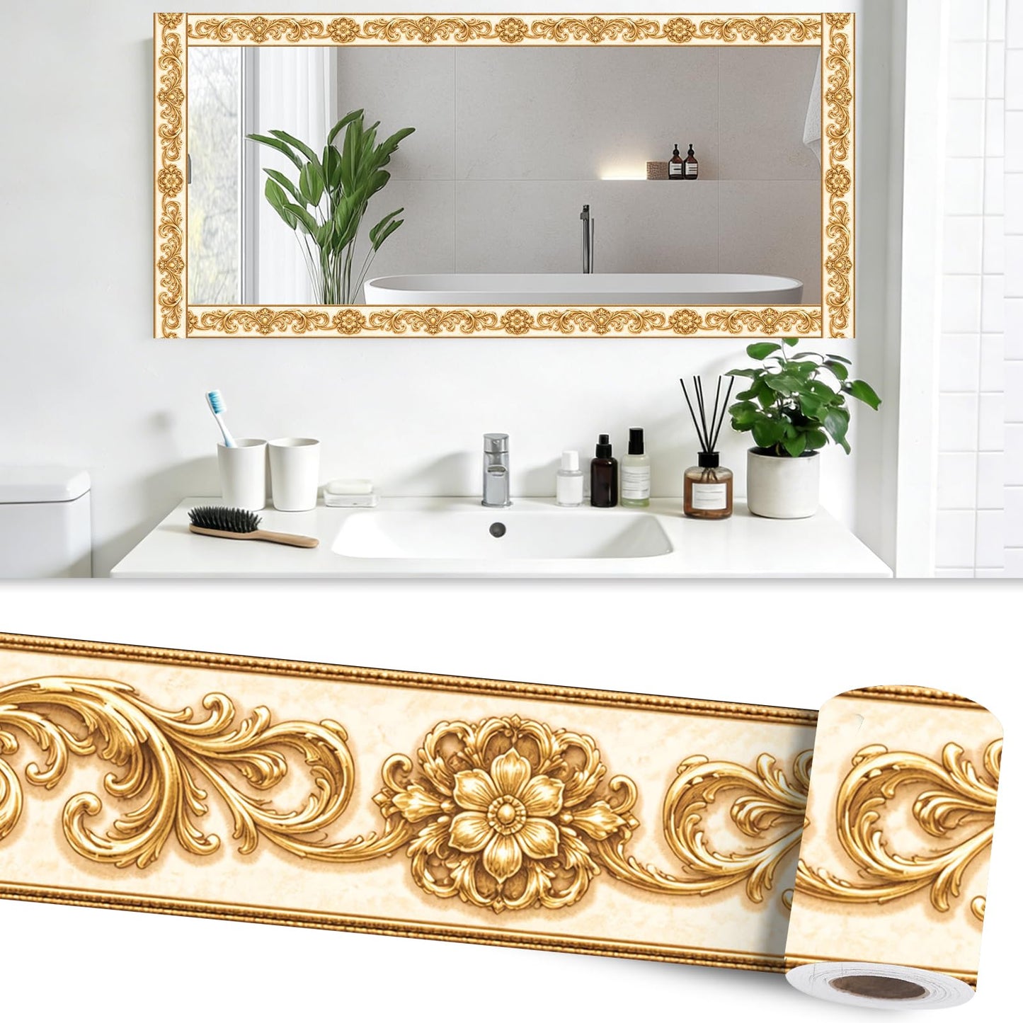 Nuxovilar Wallpaper Border Peel and Stick 3.94x16.4Ft PVC Removable Self-Adhesive Bathroom Kitchen Living Room (Gold Baroque Floral Scroll Pattern)