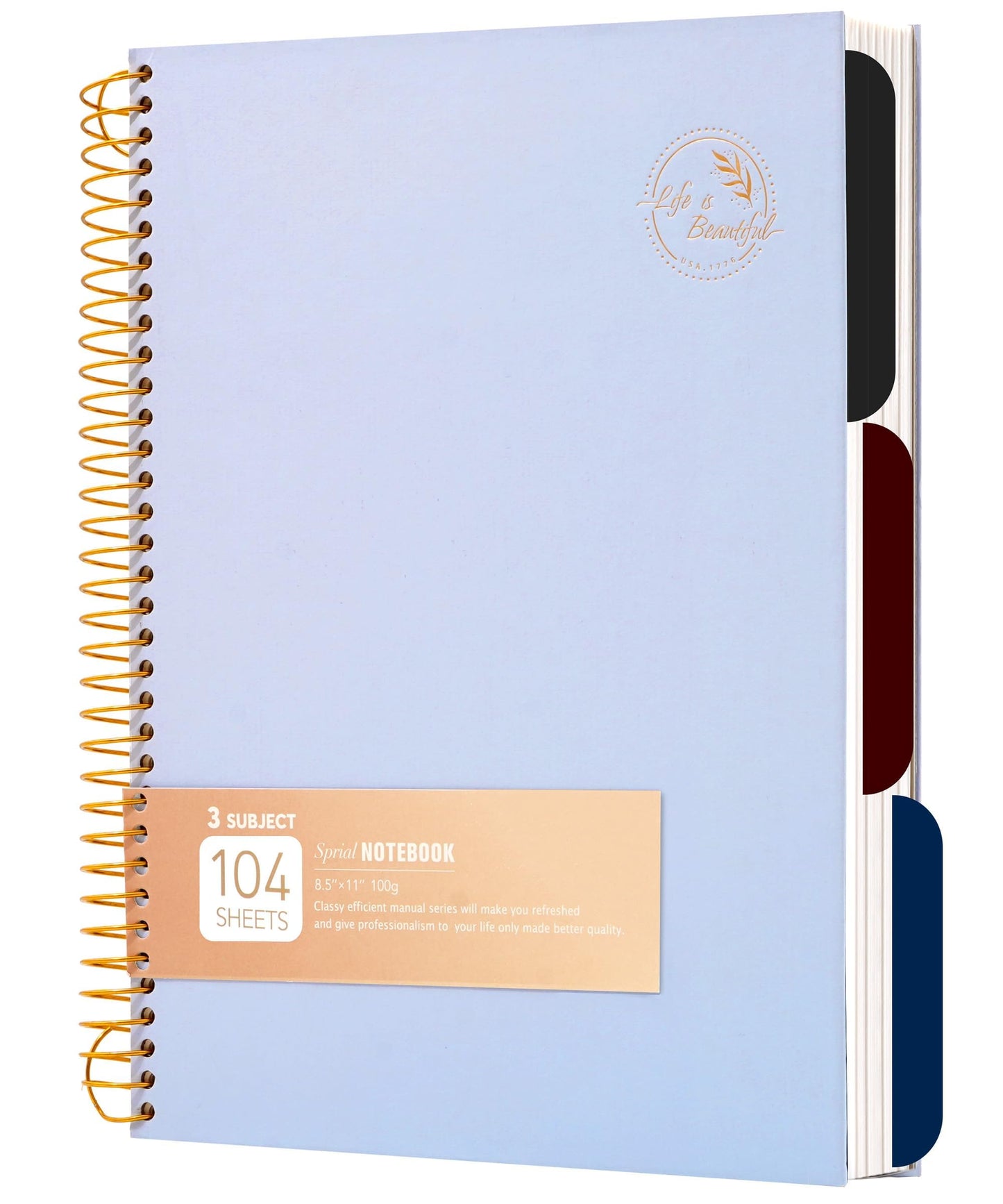 FLYING EAGLE 3 Subject Spiral Notebook Large Spiral Notebook 8.5 X 11, Blue Journal for Women Men, 100 GSM Thick Paper 104 Sheets, Hardcover Notebook for Work, School, Writing, Note Taking Blue