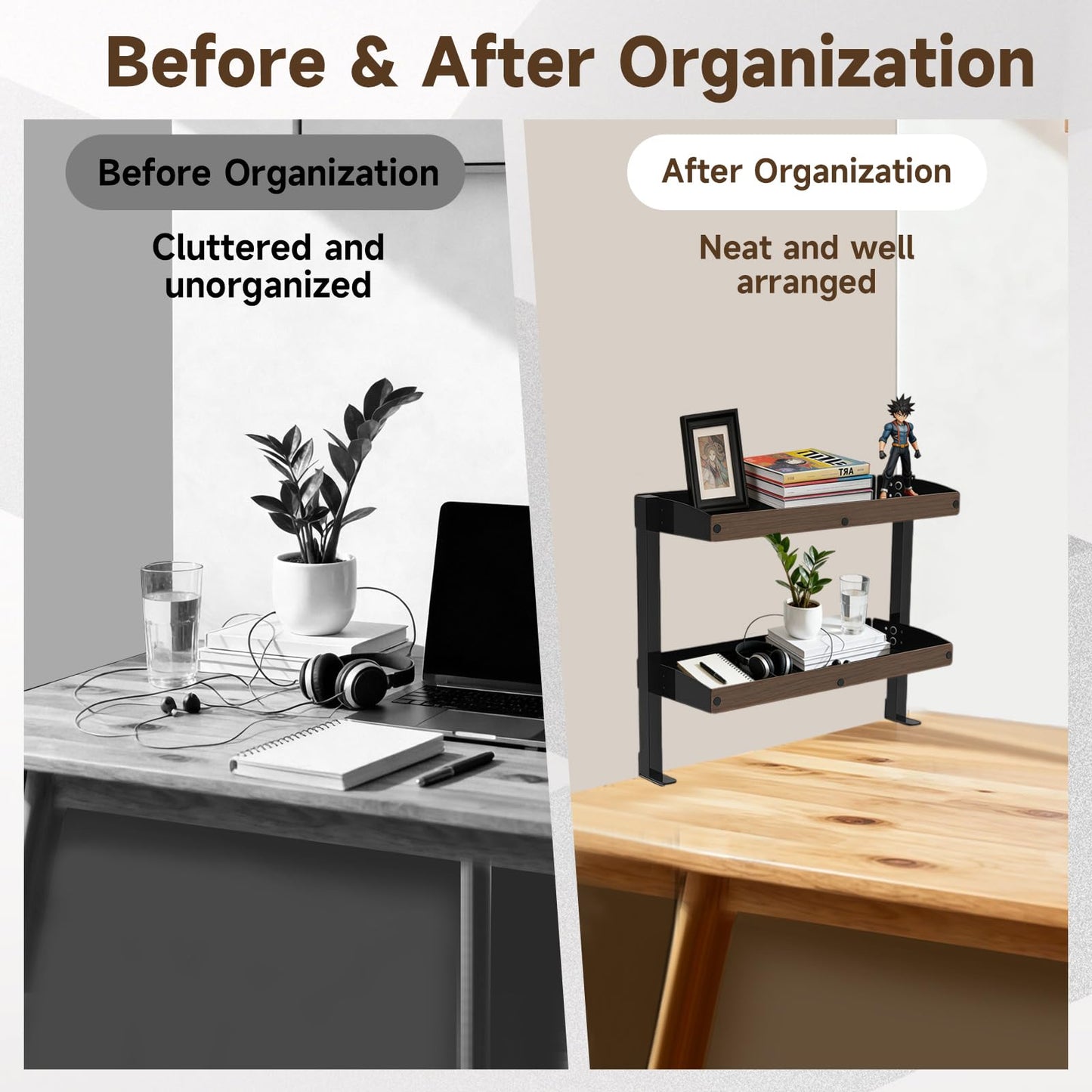 Risirica Clamp on Desk Shelf,17'' 2 Tier Office Desk Shelves Organizer with Under-Desk Hidden Storage Basket,Wood Desktop Supplies Storage Rack for Home Workspace, Study Rooms,Gaming Devices (Black)