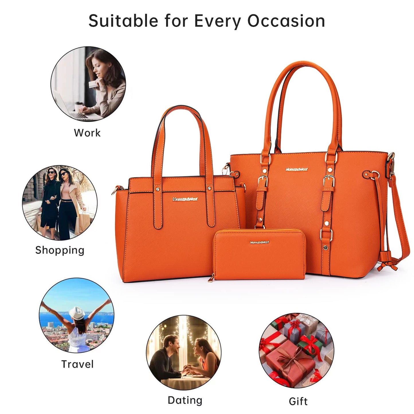 Montana West 3PCS Purses for Women Tote Bag and Wallet Set Shoulder Satchel Crossbody Bags Leather Handbag for Gift Travel Casual Work MWC3-C032WOR