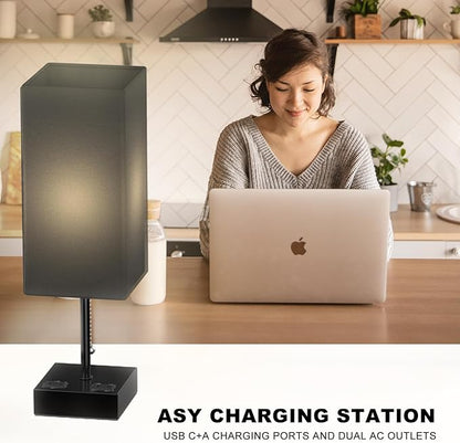 Table Lamp for Bedroom with USB,Bedside Lamp with USB C+A Charging Ports,Adjustable 3color LED Light for Home Decor/Nightstand/Office,Included Bulb and Fabric Lamp Shade (Linen Black, 2PCS)