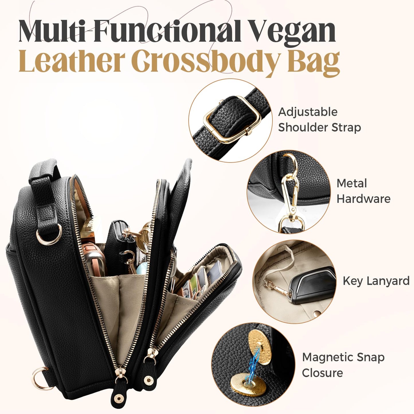 crawing Vegan Leather Crossbody Bag for Women with 2 Straps, Small Messenger Bag with Wallet, Anti Theft Shoulder Bag (Black)