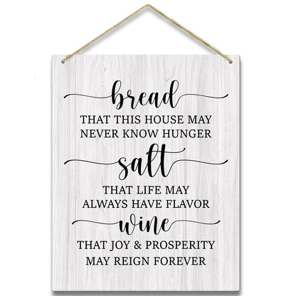 Kitchen Wooden Sign - Housewarming Gift for Women, Men, Coworker, Friend - Bread Salt Wine Wall Decor Hanging Sign for Home Decorations - 12