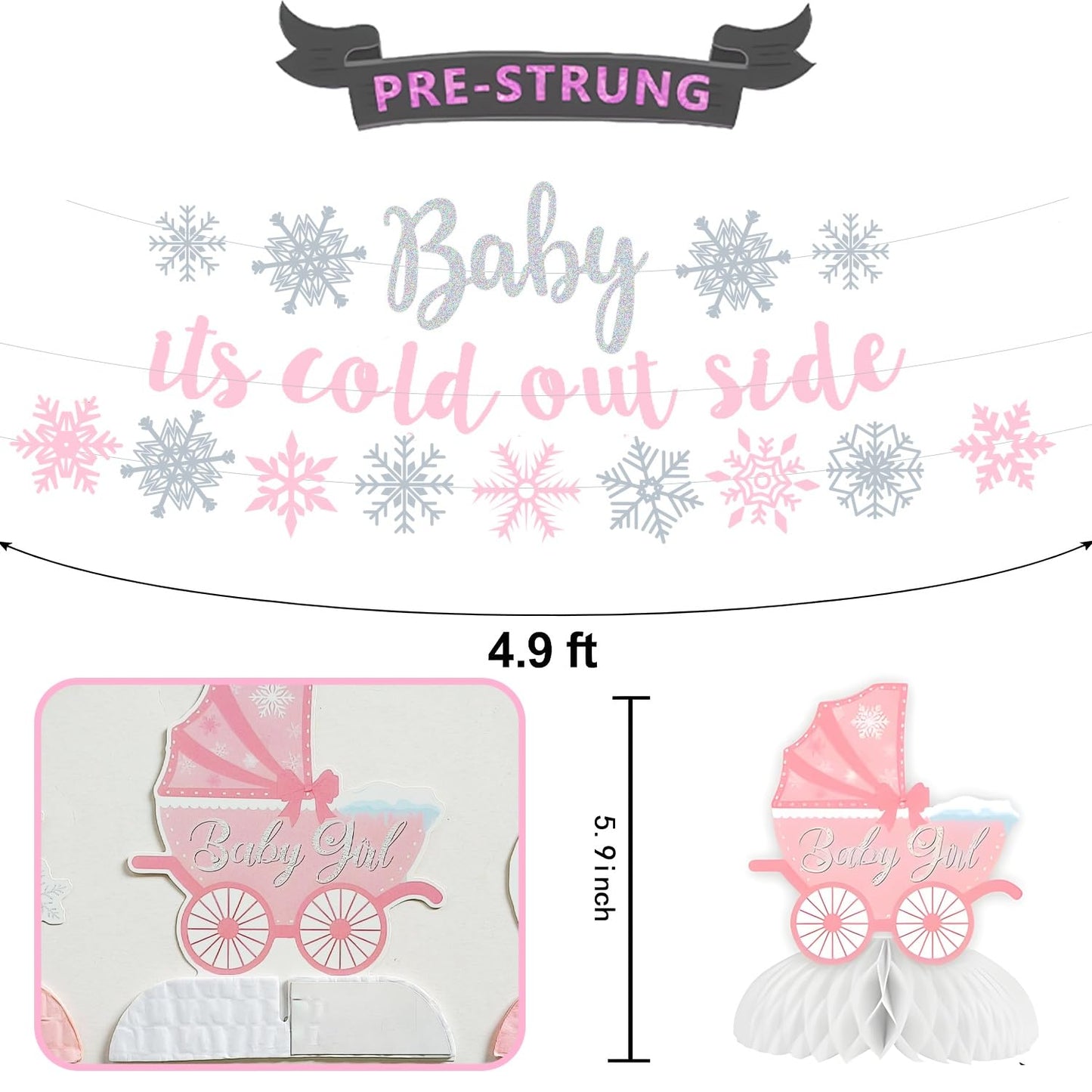 36PCS Little Snowflake Baby Shower Decorations, Pres-Strung Pink Baby It’s Cold Outside Baby Shower Decor, Winter Pink White Little Snowflake It’s A Girl Decorations, Winter Wonderland Party Supplies