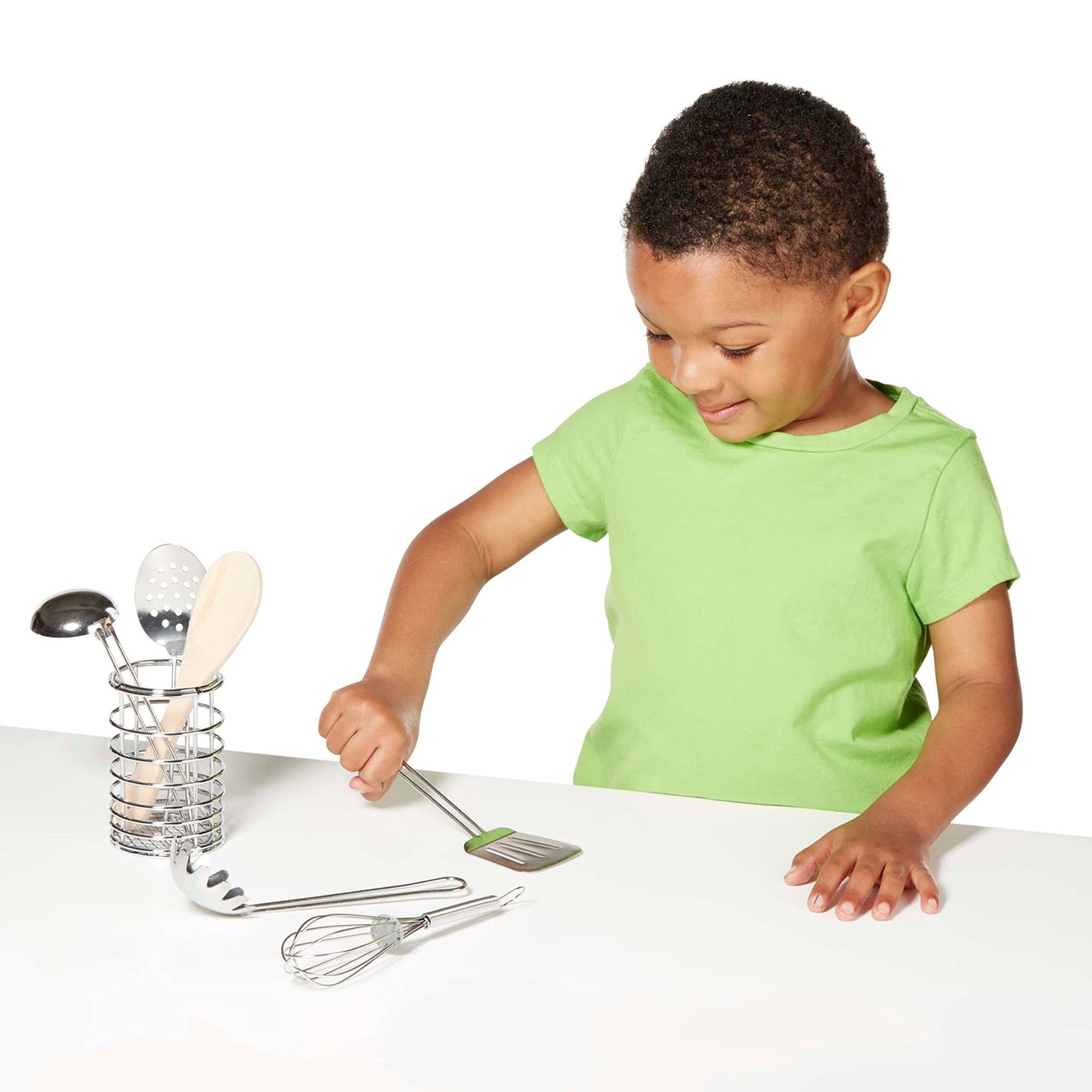 Melissa & Doug Stir and Serve Cooking Utensils (7 pcs) - Stainless Steel and Wood