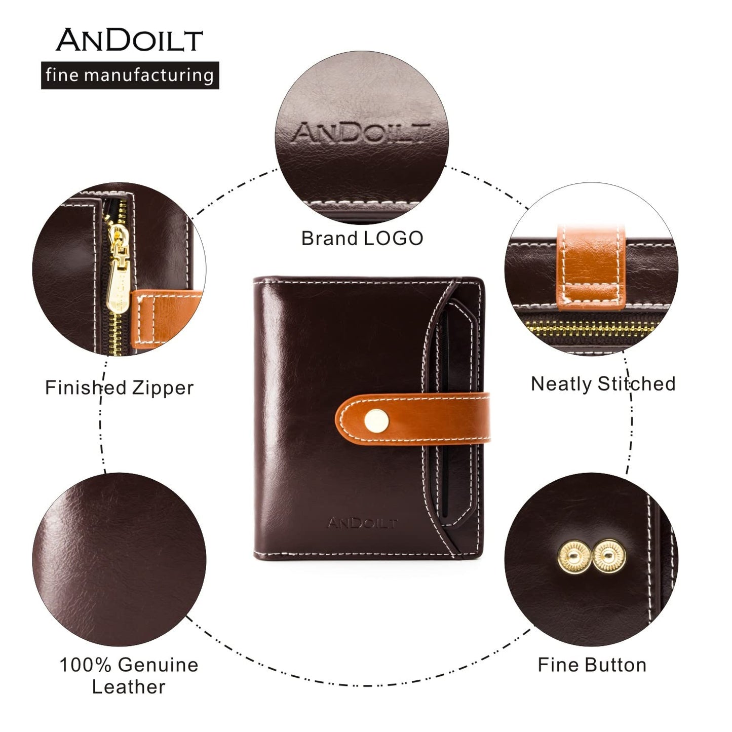 ANDOILT Wallets for Women Genuine Leather Small Bifold Wallet RFID Blocking Card Case Purse with ID Window Coin Pocket Coffee