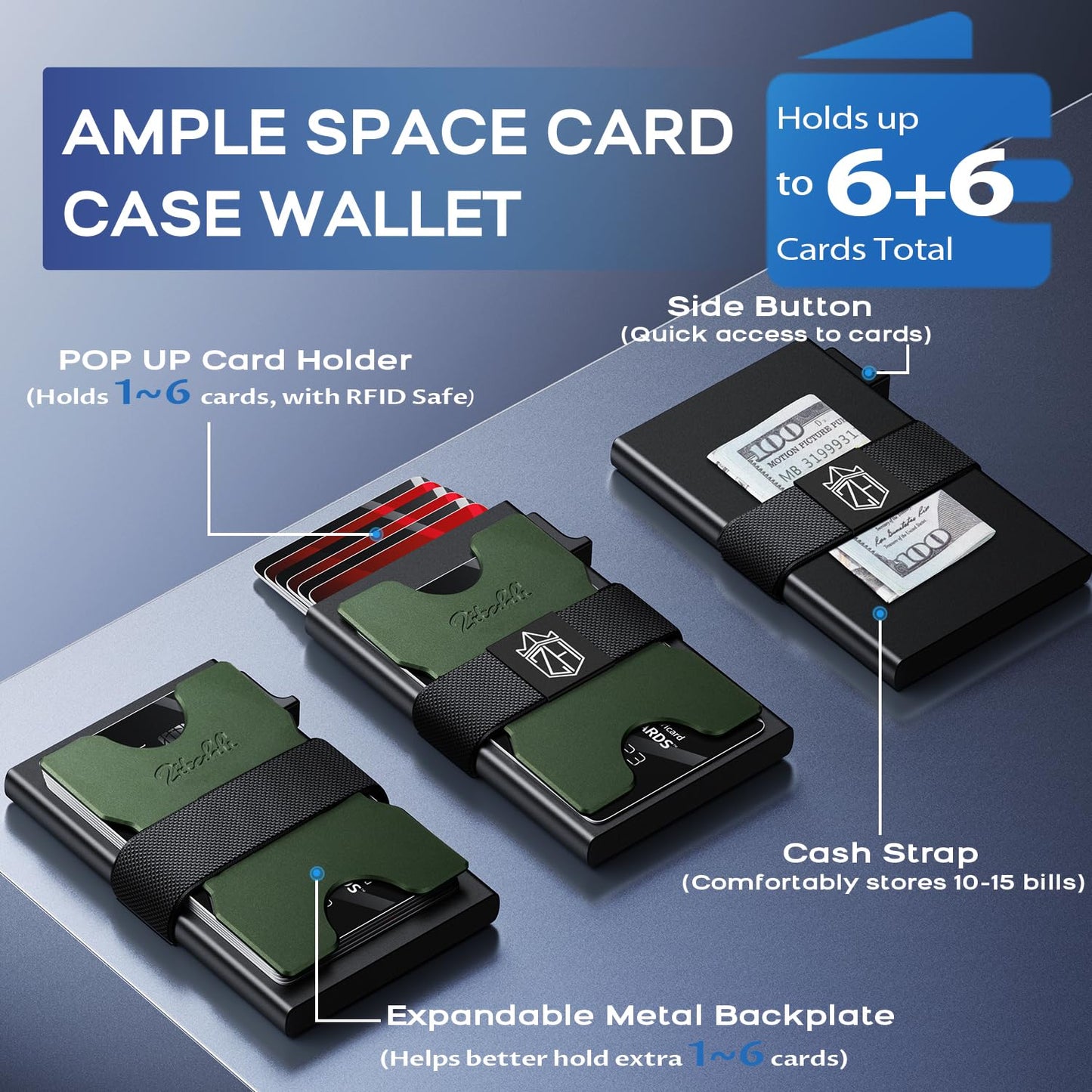 Zitahli Card Holder Wallets for Men - Slim Wallet Holds 6+6 Cards, Metal Card Holder, Minimalist RFID Blocking Wallets with Pop-Up Function, Ultra-Thin, Men's Accessories, Gifts for Him