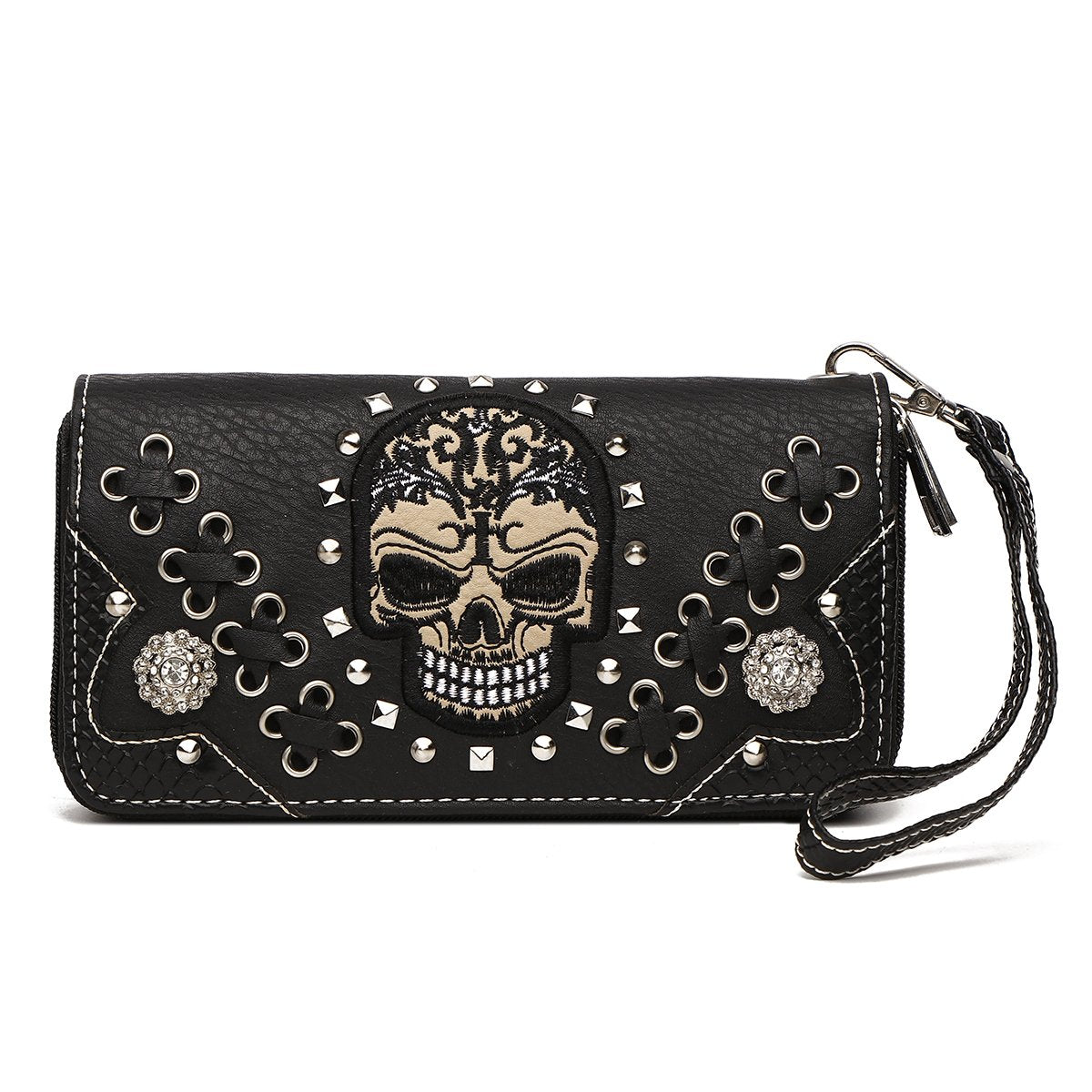 Cowgirl Trendy Sugar Skull Punk Art Rivet Stud Biker Purse Women Fashion Backpack Python Daypack Shoulder Bag Wallet Set (Black Set)