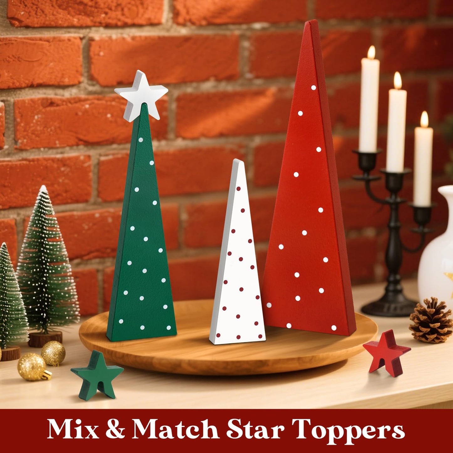 Shaxcoq Christmas Decorations Indoor – Wooden Tabletop Christmas Tree with Star Toppers, Festive Holiday Decorations for Mantel Fireplace Office Kitchen (3pcs)