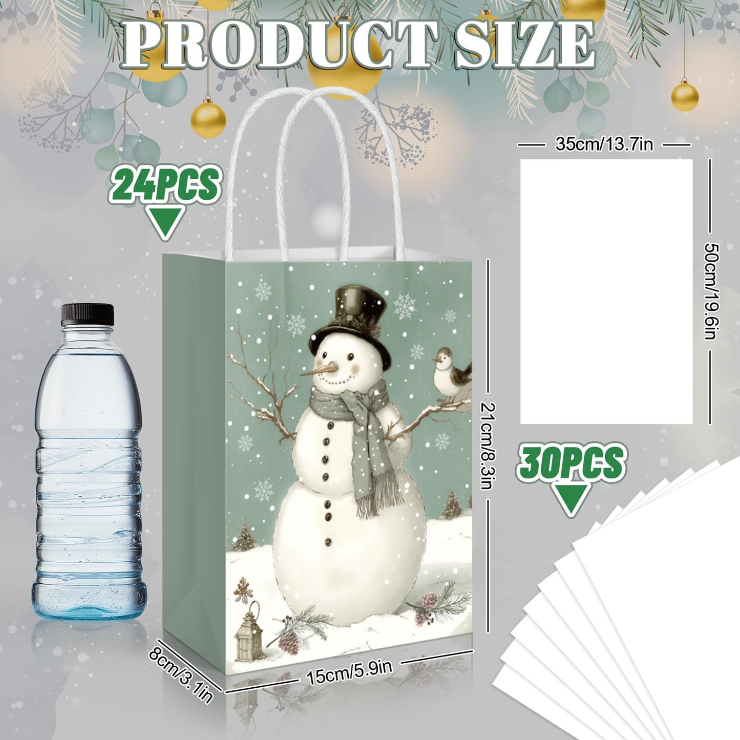 JarThenaAMCS 24 Pcs Christmas Paper Gift Bags with Tissue Paper Sage Green Xmas Tree Snowman Party Favor Large Bags with Handle Goodie Candy Treat Bags for Winter Wedding Holiday