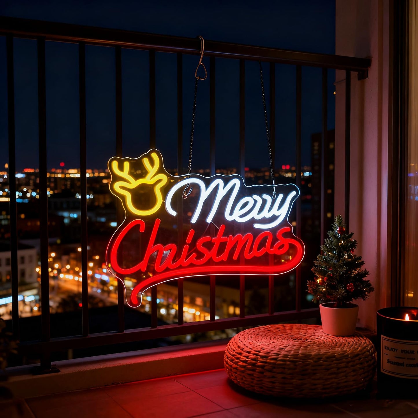 Mvorixa Merry Christmas Neon Sign, Reindeer Neon Sign – LED Light Up Christmas Sign, Home Living Room Wall Decor, Xmas Neon Signs, 15.91x11.85in, USB Powered, Adjustable Brightness