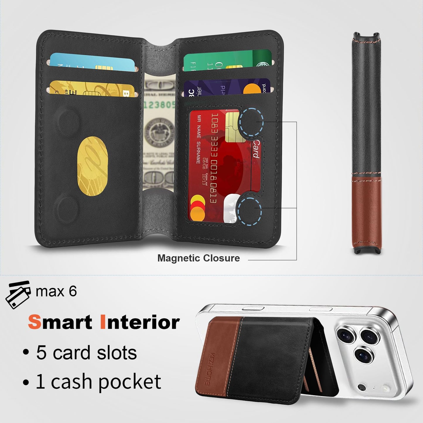 KEZiHOME for MagSafe Wallet with Stand, Genuine Leather 6 Card Holders[RFID Blocking] Minimalist Magnetic Wallet for iPhone 17/16/15/14/13/12 Series with MagSafe Phone Case (Black/Brown)