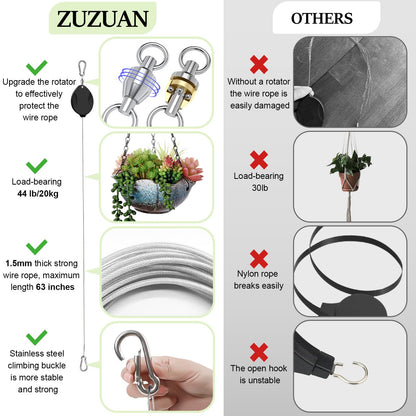 ZUZUAN 2025Upgraded 3Pcs Heavy Duty Retractable Plant Hanger,Plant Pulleys for Hanging Plants,Easy to Raise & Lower,Auto Lock,Adjustable Hook for Garden Baskets Pots,Birds Feeder and Grow Lights,Black