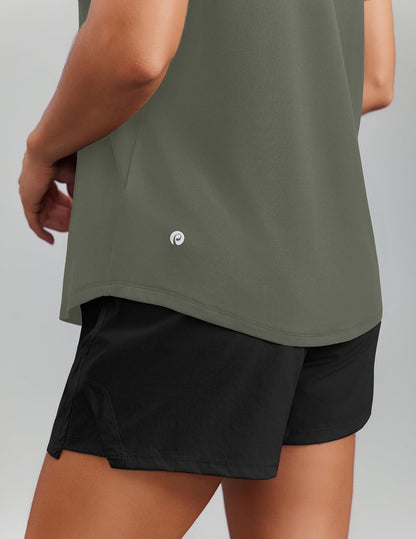 PINSPARK Breathable T-Shirts for Women Short Sleeve V Neck Moisture Wicking Workout Tops Quick Dry Lightweight Athletic Gym Shirts,Olive Green Medium
