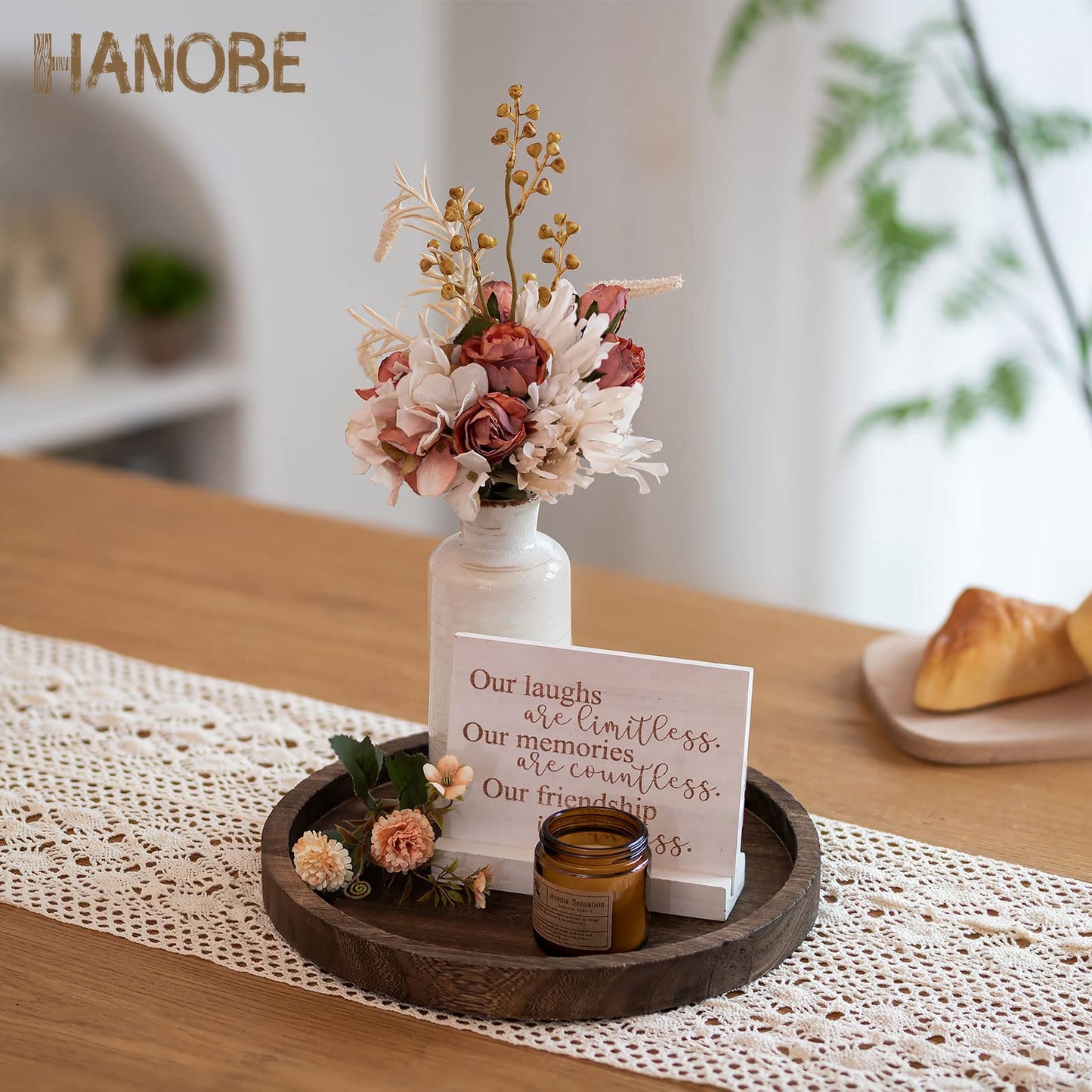 Hanobe Round Wooden Candle Trays: Rustic Candlestick Holder Tray Pillar Stand for Table Centerpiece - Farmhouse Coffee Table Decor for Living Room Kitchen Counter