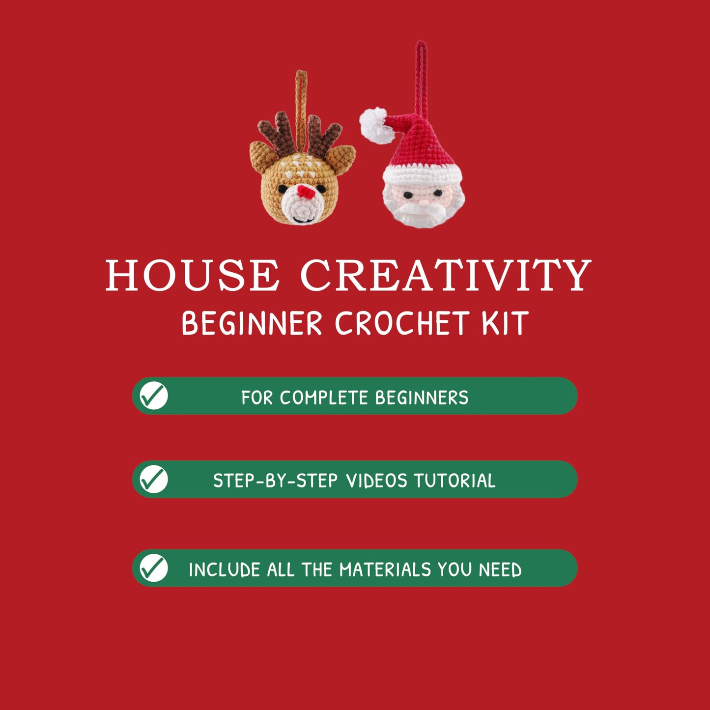 HOUSE CREATIVITY Christmas Crochet Kit for Beginners – Make Santa Claus & Reindeer Ornaments, Amigurumi Crochet Starter Kit with Video Tutorial, Yarn & Hook, DIY Holiday Tree Decor Gift