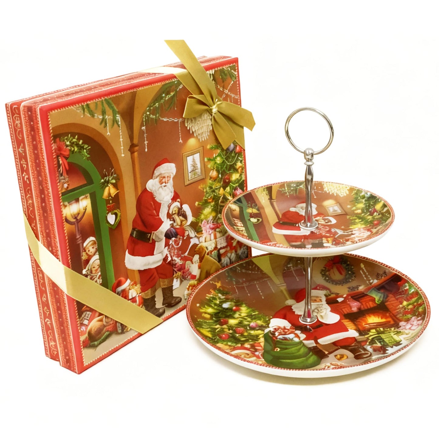 2-Tier Red Round Porcelain XMAS Cake Fruit Stand Plate with Gift Box, Cupcake Serving Display Set, Ceramic Pastry Tray Towers Platter for Dessert Appetizer Candy Buffet for Home Party (Christmas Man)