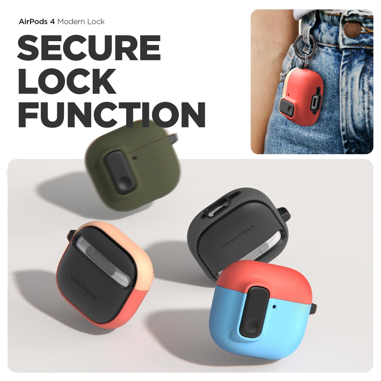 VRS DESIGN Modern Lock Case for Apple Airpods 4th Generation (2024), Rugged Protection with Secure Lock for Airpods 4 Case (Sandstone) [US Patent Registered]